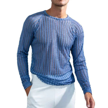 AIDASE  -  Spring Autumn Man Tide Textured Striped Slim Long Sleeved T-shirt Casual High Street Ins Breathable Neck Design Tops W11959 aidase-shop